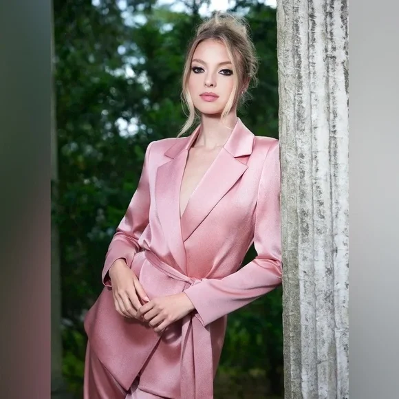 NWT $595 Alice + Olivia Karley Tie Belt Wrap Satin Blazer Coat - Picture 1 of 8